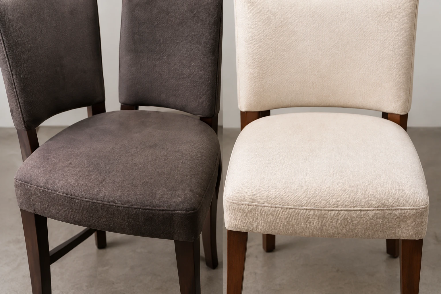 Eetkamerstoelen in Velsen: links donker en vervuild, rechts weer licht en schoon.