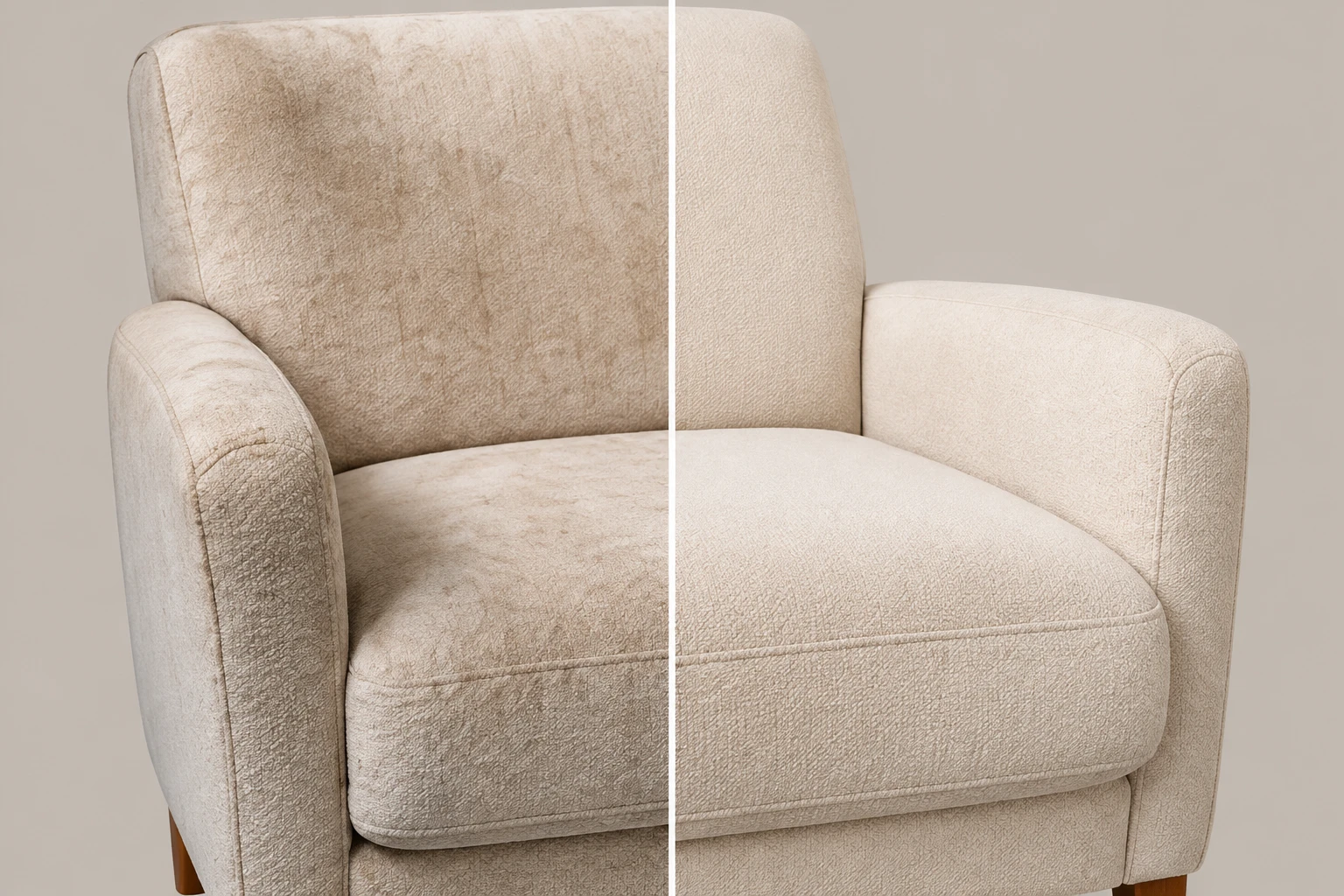 Fauteuil in Haarlem: links doffe en vuile bekleding, rechts zichtbaar fris en verzorgd.